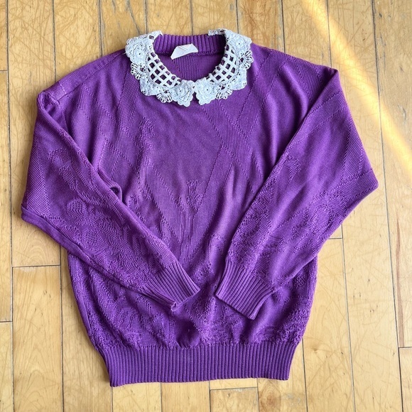excelsior Sweaters - Excelsior Vintage 90s Purple Lace Collar Purple Knit Sweater Size Small Medium